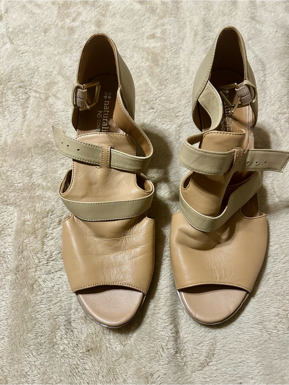 Naturalizer Two-Tone Tan and Beige Leather Strappy Heels